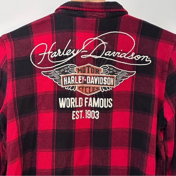 Harley Davidson Buffalo Plaid Cropped Rayon Button Down Shirt Size M/L - Picture 6 of 11